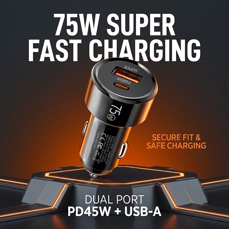 Usb C Power Adapter - Ładowarka samochodowa 75W z dwoma portami,